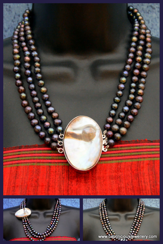 Blister pearl clasp and rainbow pearls in a multistrand necklace, Caprilicious Jewellery