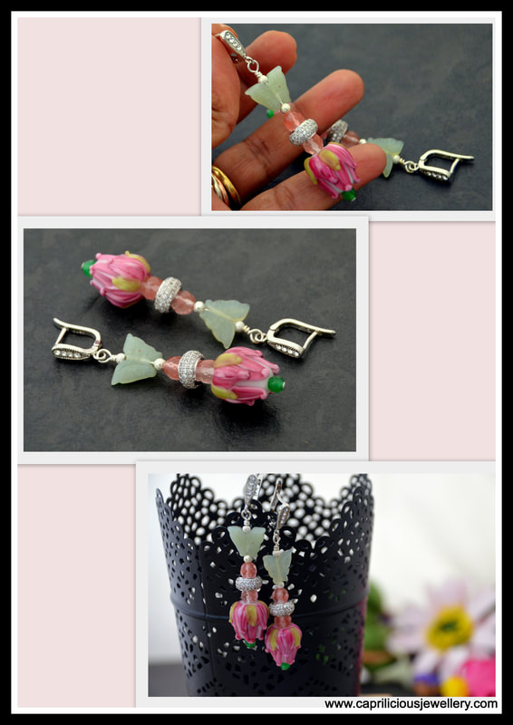rosebuds, handmade glass flowers, diamante, earrings