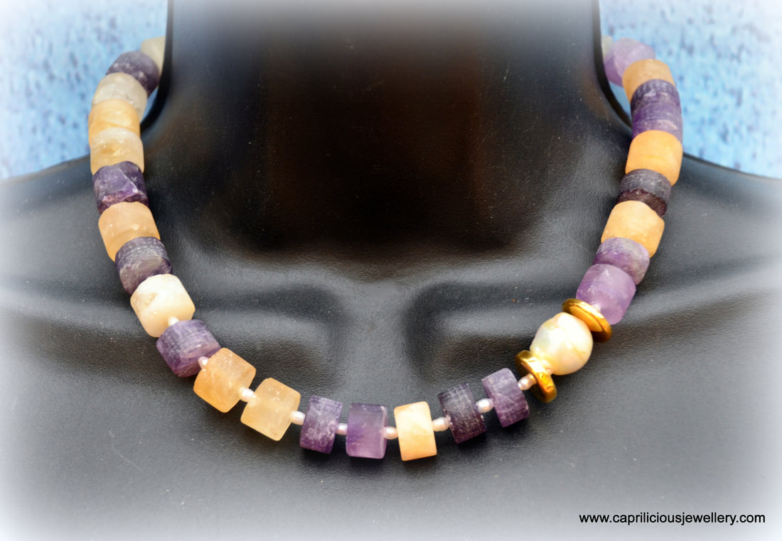 Amethyst, citrine and baroque pearl necklace by Caprilicious Jewellery