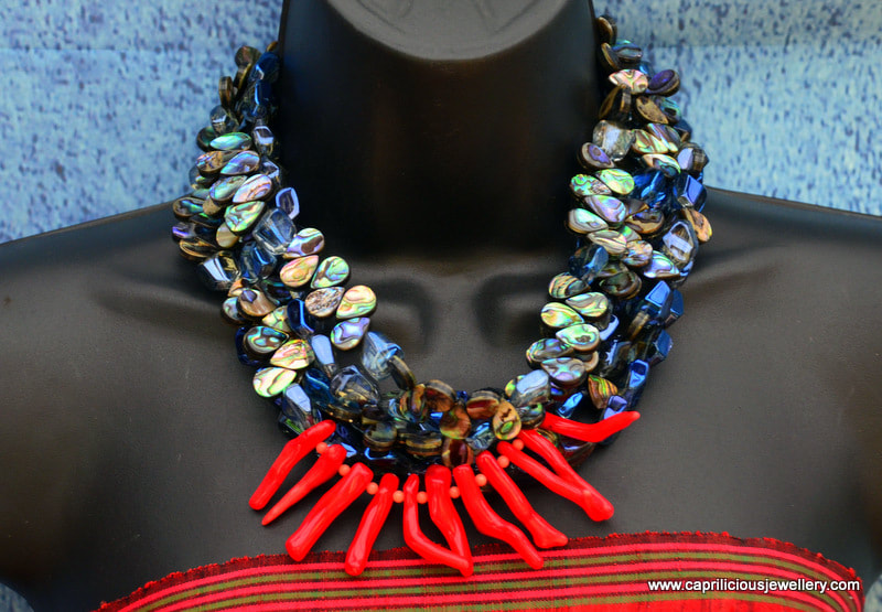 Abalone, glass and coral statement necklace by Caprilicious Jewellery