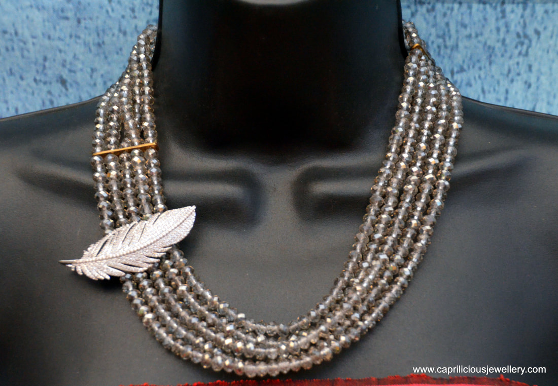 feather necklace, crystals necklace, grey crystals, silver crystals, multistrand necklace, evening necklace, diamante, multistrand necklace, LBD