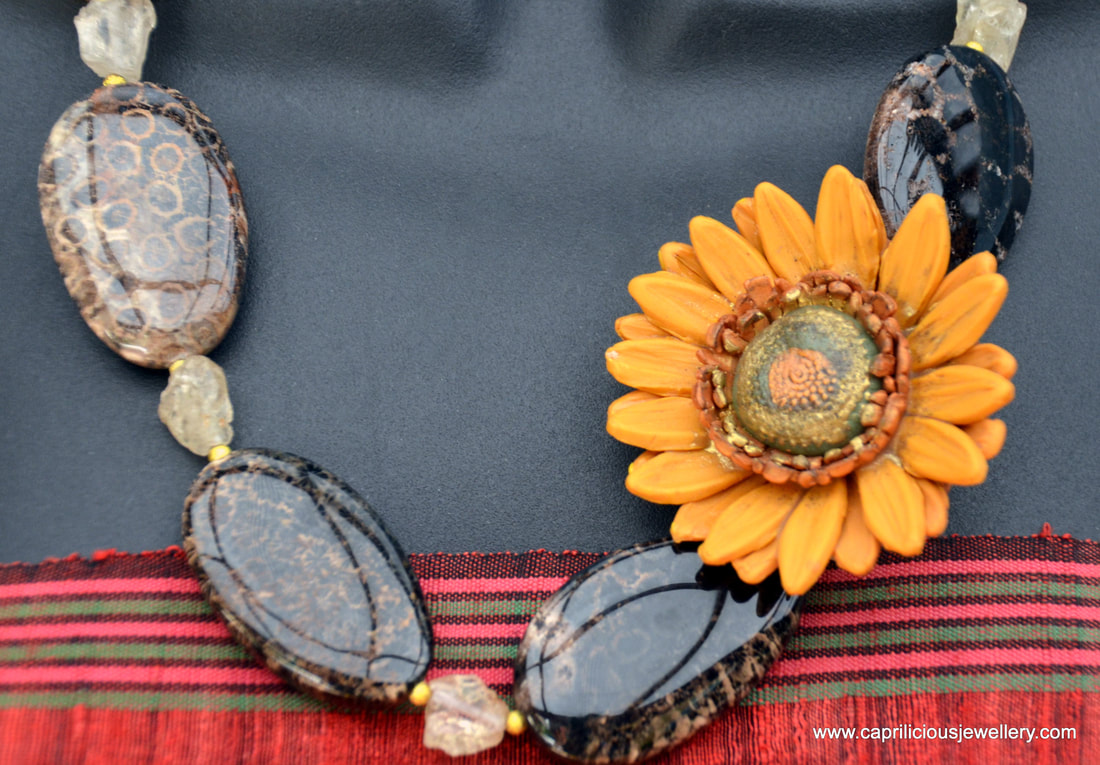 Fossil coral, citrine, raw nuggets, polymer clay, sunflower, polymer clay flower