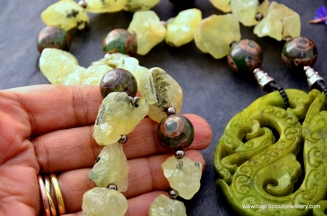 Jade pendant, Chinese dragon pendant, prehnite raw nuggets, dzi beads