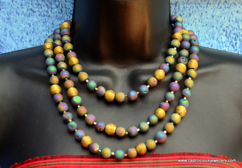 Titanium and gold plated druzy agate beads in a multistrand necklace by Caprilicious Jewellery