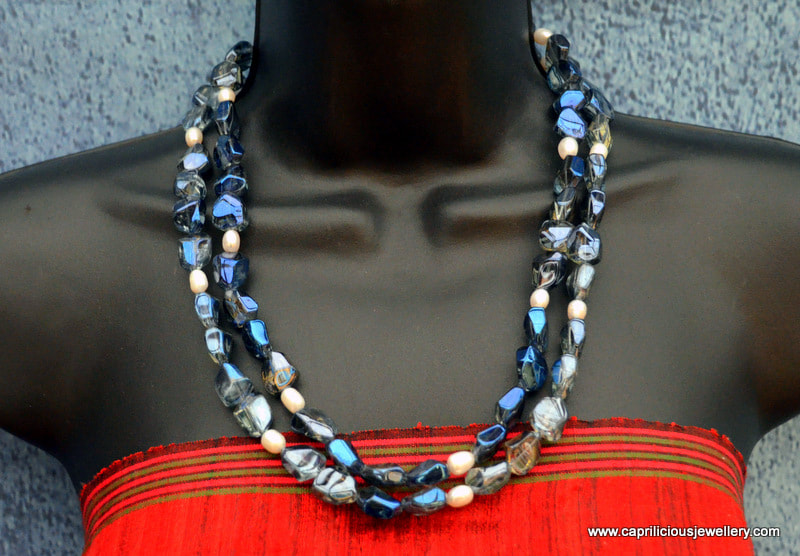 Blue glass and pearl necklace by Caprilicious Jewellery