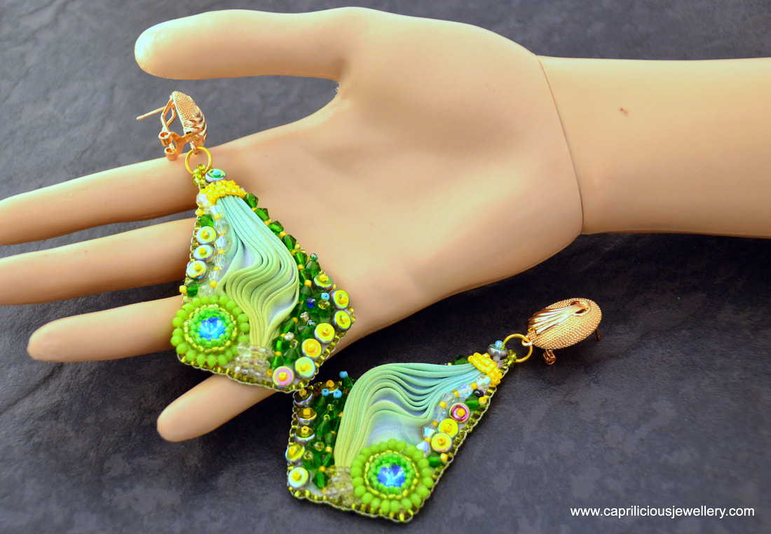 Sea Green Shibori and beadwork earrings by Caprilicious Jewellery