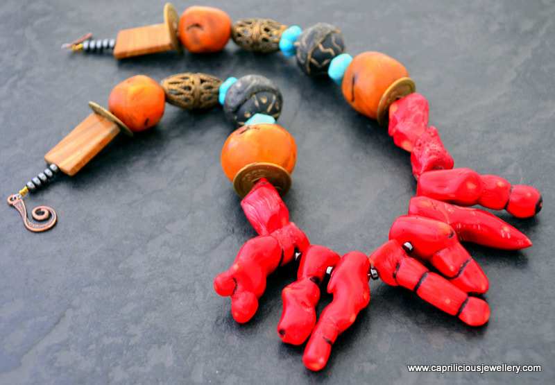 Bamboo coral, faux amber, tribal necklace Lagenlook jewellery by Caprilicious