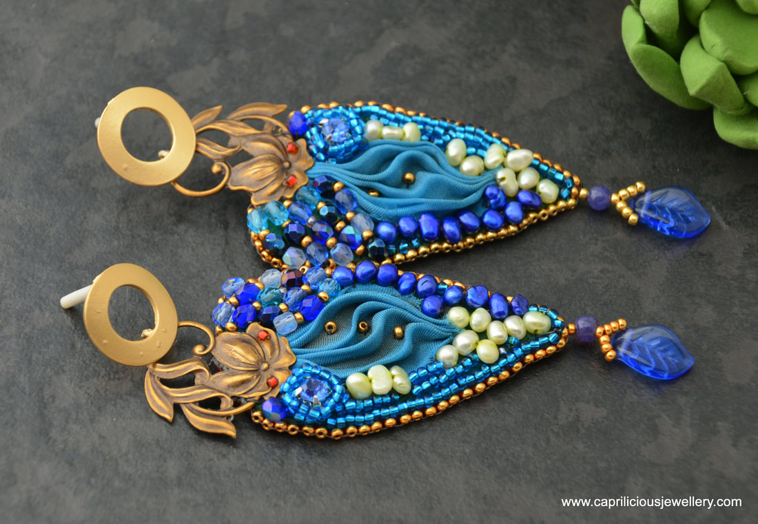 Shibori and beadwork earrings inspired by Mucha, Art Nouveau earrings made by Caprilicious Jewellery