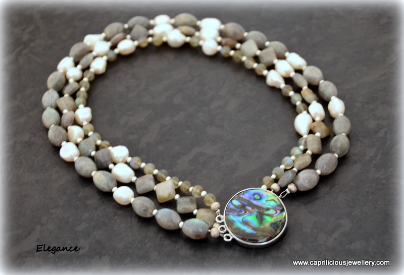 Labradorite and baroque pearls, multi strand necklace, abalone clasp, sophisticated necklace by Caprilicious Jewellery