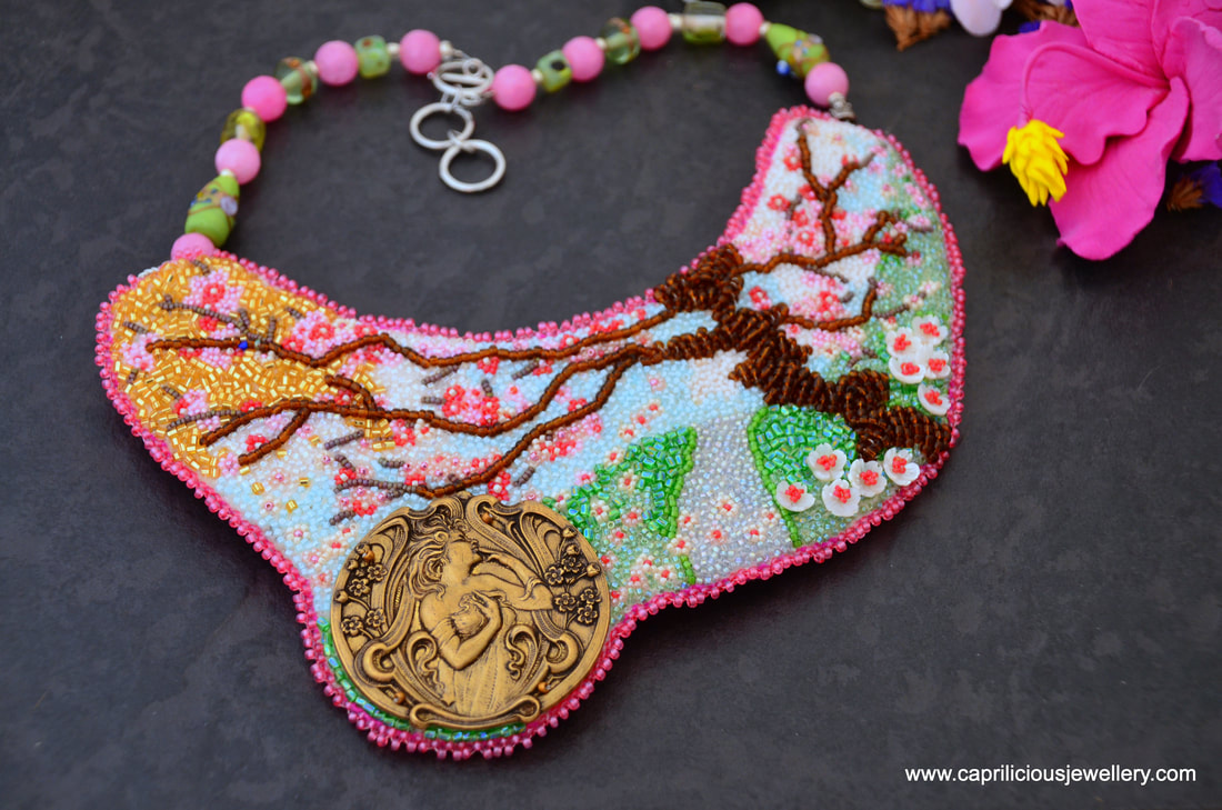 Bead embroidery, Cherry Blossom necklace, floral jewellery, statement necklace, Japanese bead embroidery, pink necklace, Art nouveau, vintaj, 