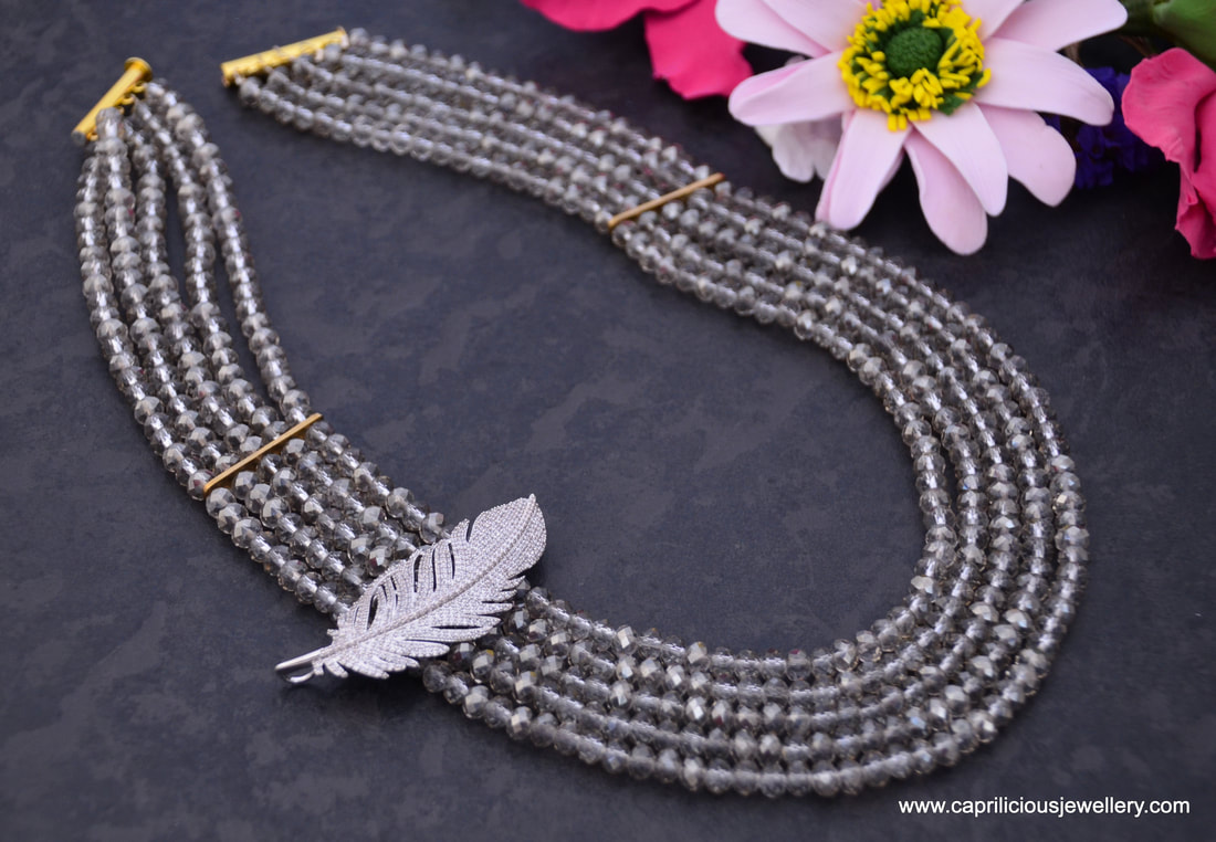 feather necklace, crystals necklace, grey crystals, silver crystals, multistrand necklace, evening necklace, diamante, multistrand necklace, LBD