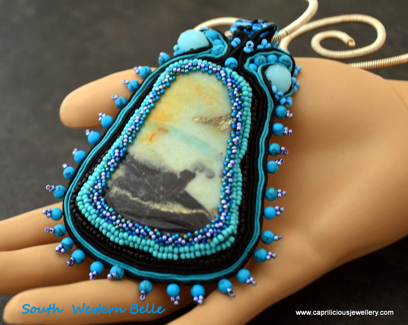 South Western belle - an Amazonite and soutache pendant by Caprilicious Jewellery on a wire torque necklace