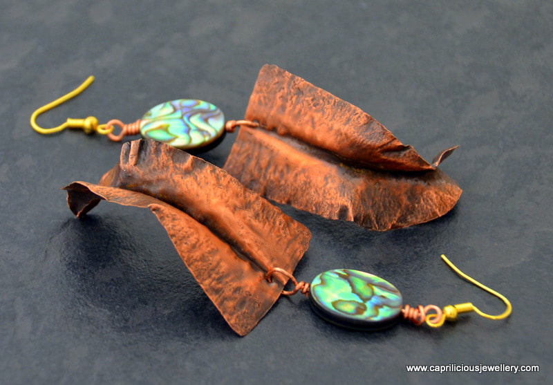Copper fold formed leaves, abalone by Caprilicious Jewellery