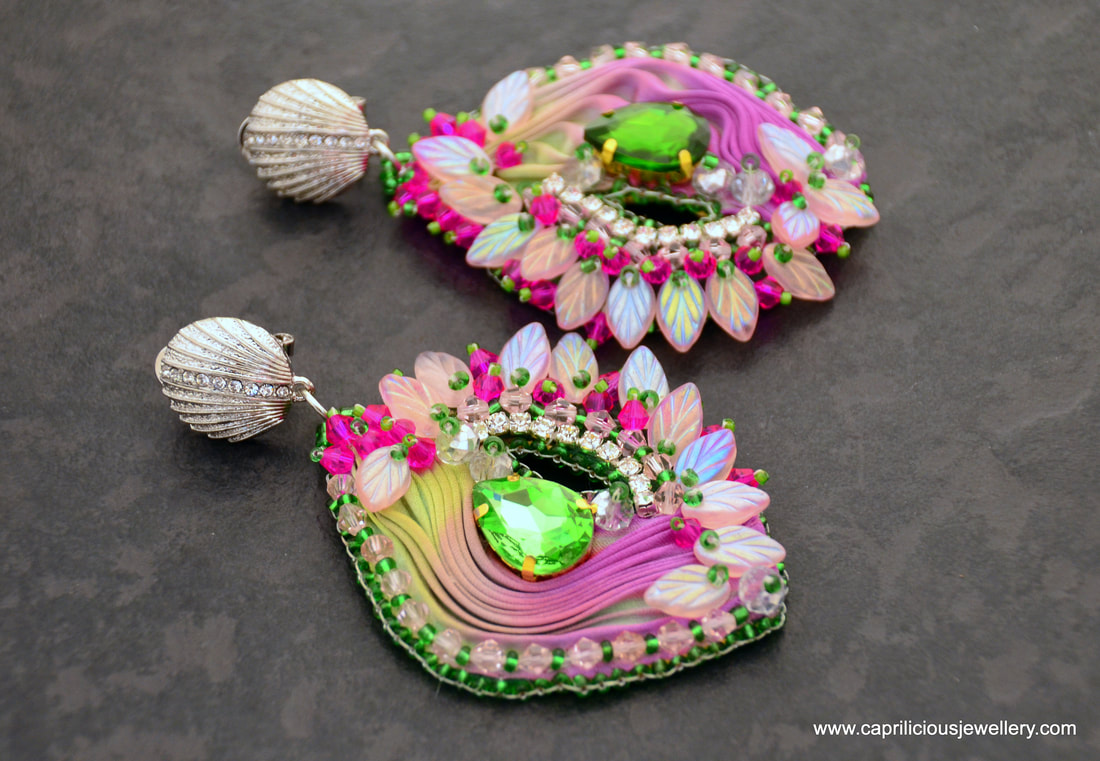 Cupid - Shibori silk and bead embroidery earrings by Caprilicious Jewellery
