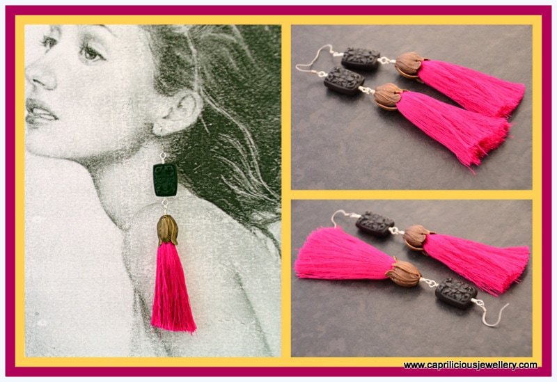 Cinnabar and magenta silk tassel earrings by Caprilicious Jewellery