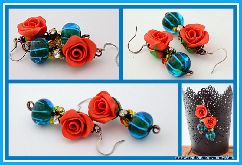 Handmade lampwork glass and polymer clay rose earrings by Caprilicious Jewellery