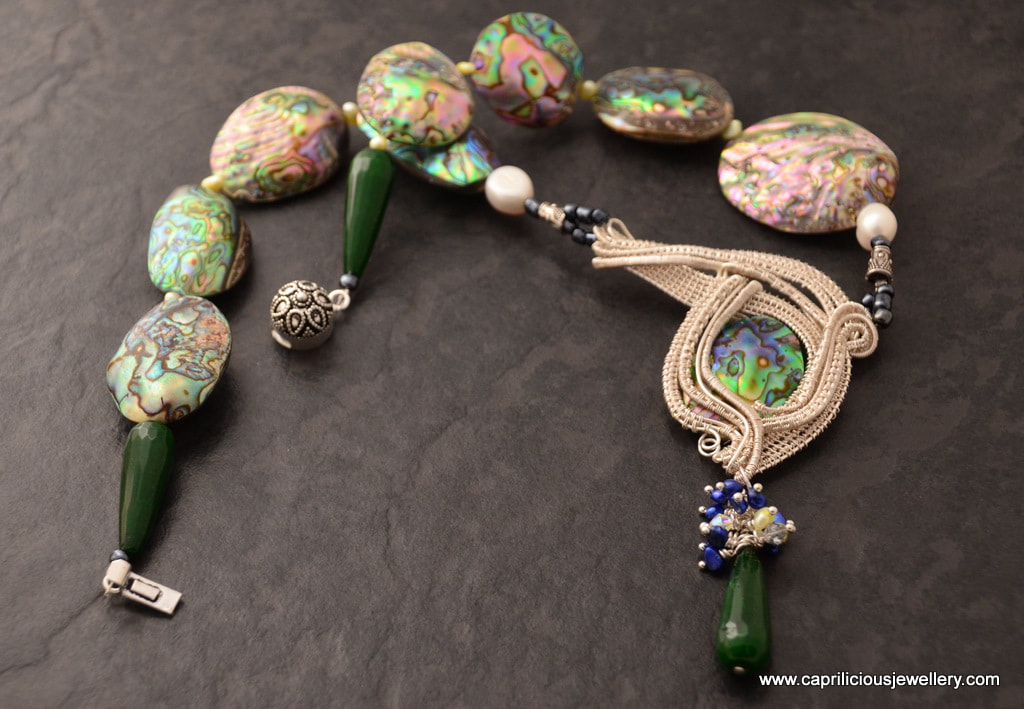 Abalone (Paua shell) necklace with a wire work pendant by Caprilicious Jewellery