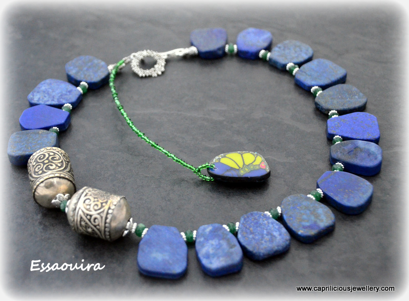 Essaouira by Caprilicious Jewellery  - Lapis lazuli slab nuggets, green onyx, Moroccan beads, amulets, African inspired necklace
