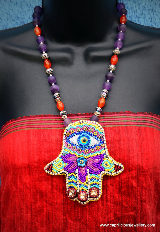 Hamsa, Covid protection jewellery, amethyst, carnelian, fire polished beads, purple and orange, 