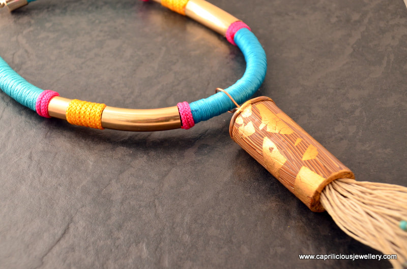 Lagenlook necklace, tribal, wood finish, linen thread by Caprilicious Jewellery