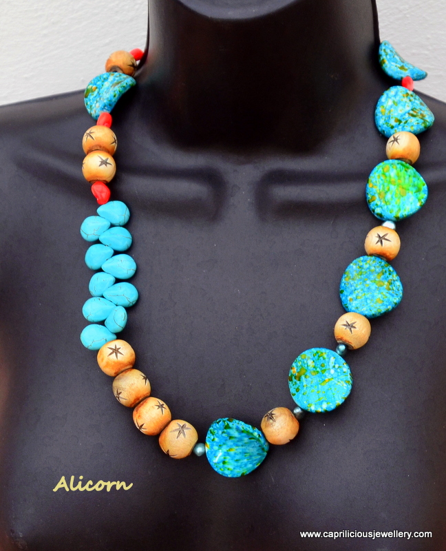 Horn, coral, lucite and turquoise necklace by Caprilicious Jewellery
