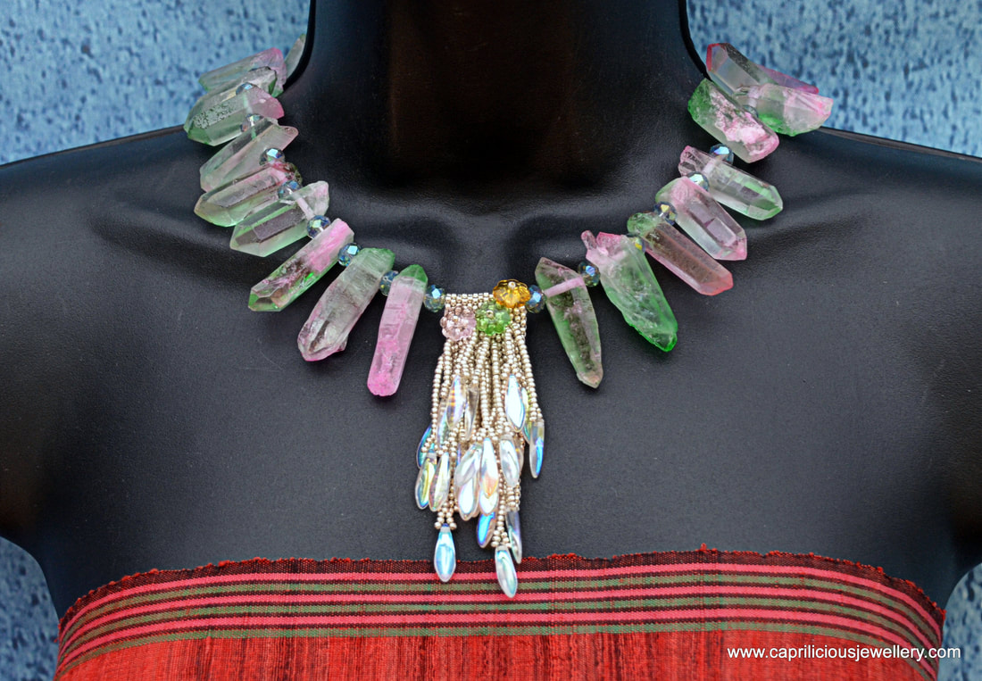 Arctic Spring 2 - a statement necklace of quartz needles and a silver pendant of seed beads and Czech daggers by Caprilicious Jewellery