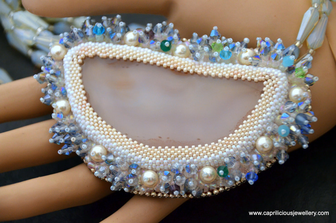 Slab nugget, glass teardrops, beadwork, agate, Swarovski pearls