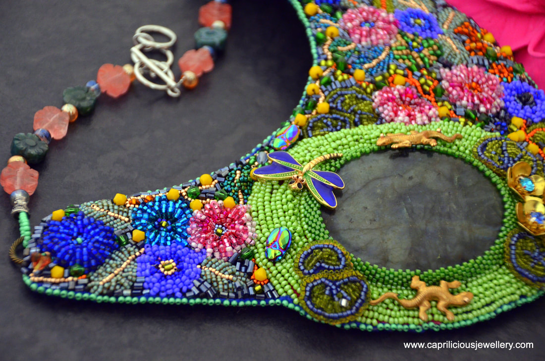 woodland fantasy, midsummer night's dream, japanese beading, seed bead embroidery, statement necklace, labradorite, floral jewellery, 