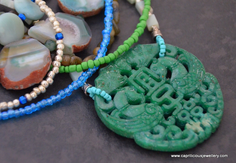Handcarved Chinese jade pendant, with aventurine, labradorite, and green agate beads multistrand necklace by Caprilicious Jewellery