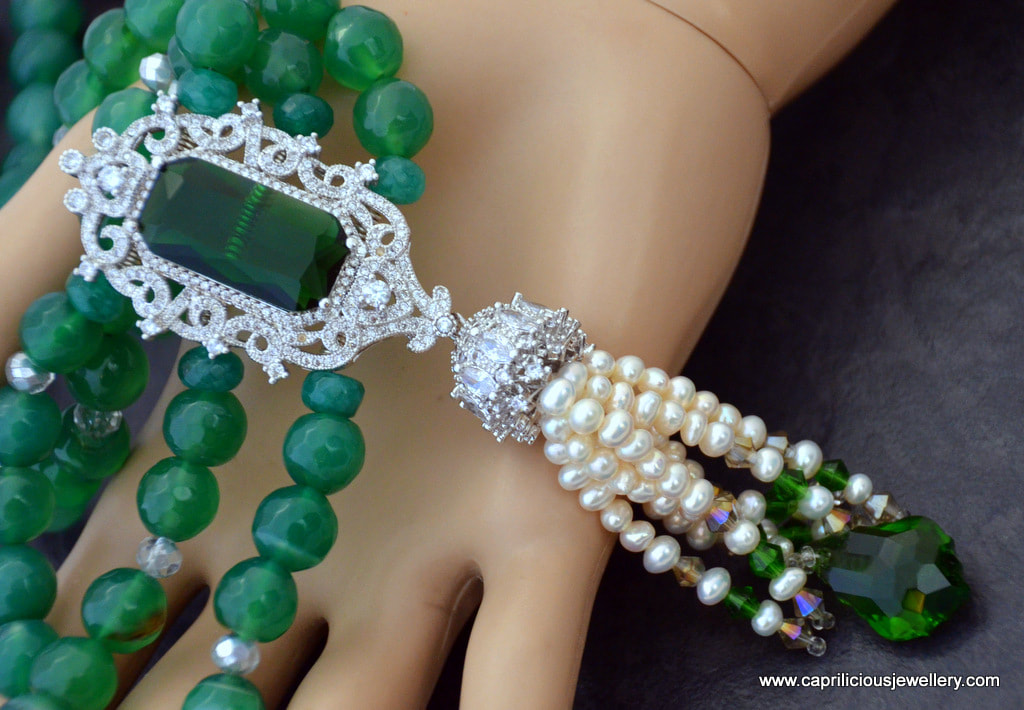 Baroque green onyx necklace with a diamante and green quartz pendant with a pearl tassel by Caprilicious Jewellery