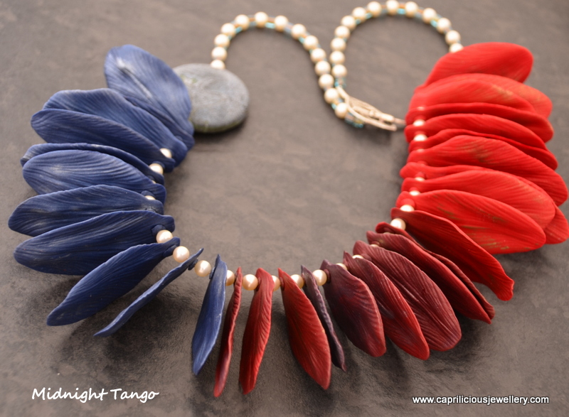 Midnight Tango - a faux textile polymer clay petal necklace by Caprilicious Jewellery