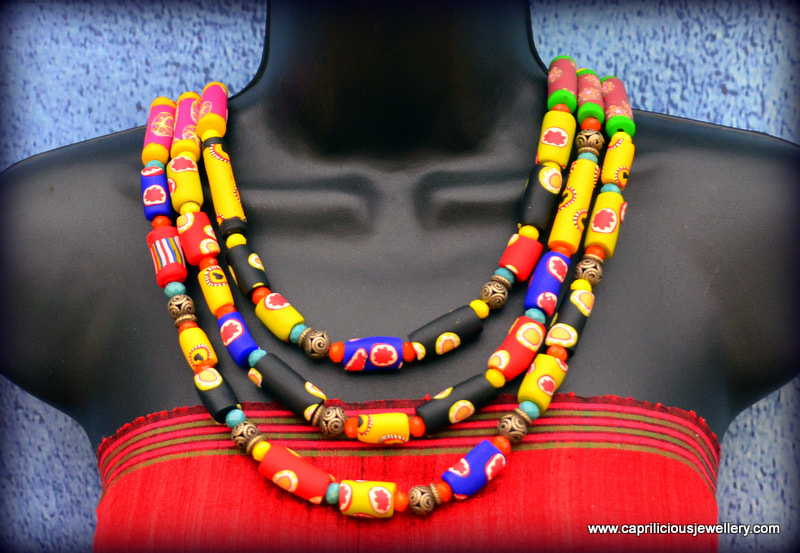 Tribal necklace with multicolour faux Trade Beads made of polymer clay by Caprilicious Jewellery