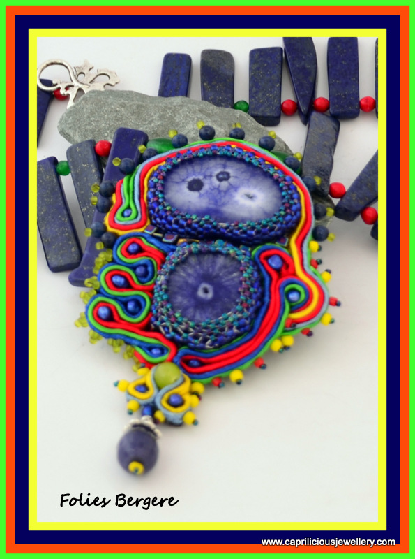 Folies Bergere - a solar quartz and soutache pendant on a necklace of rectangular lapis lazuli slab nuggets by Caprilicious Jewellery