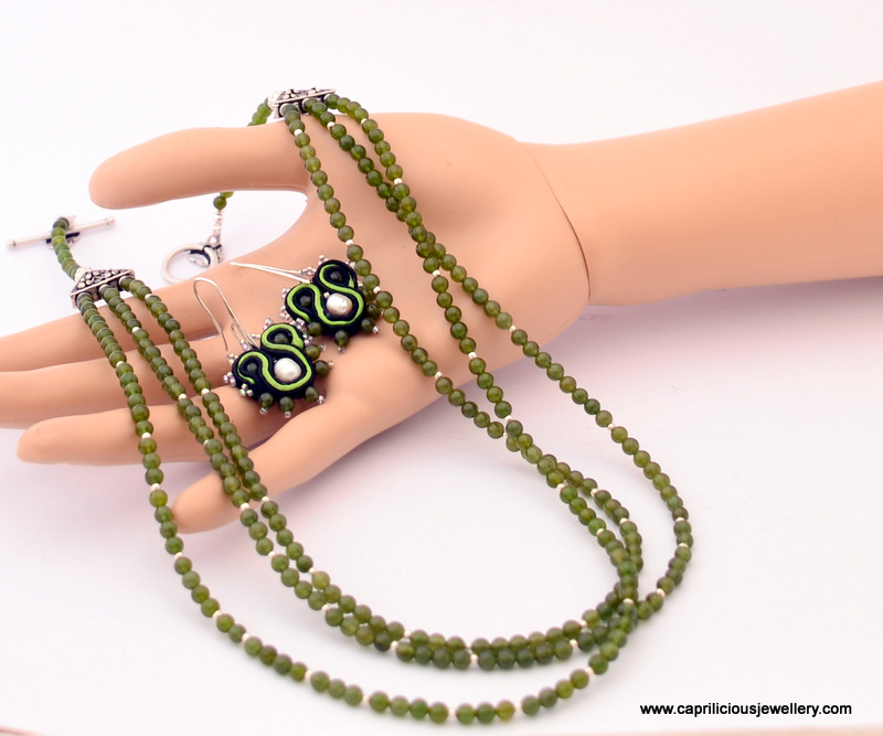 Jade and silver multi strand necklace and soutache earrings by Caprilicious Jewellery