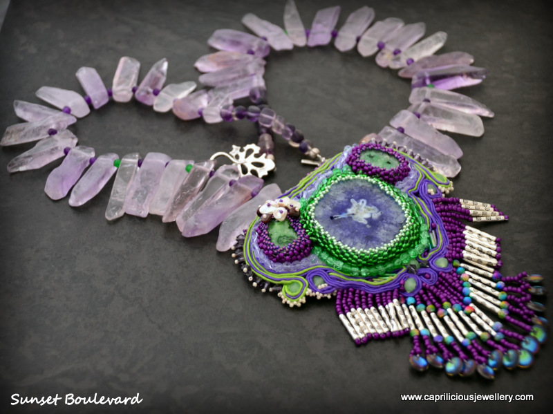 Sunset Boulevard - a solar quartz soutache pendant on a necklace of amethyst slabs by Caprilicious Jewellery