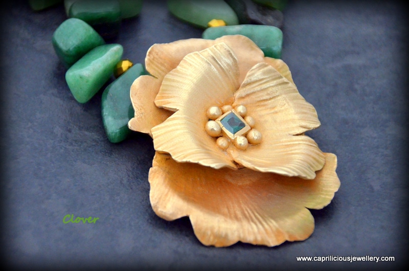 Clover, bronze clay flower, green aventurine necklace by Caprilicious Jewellery