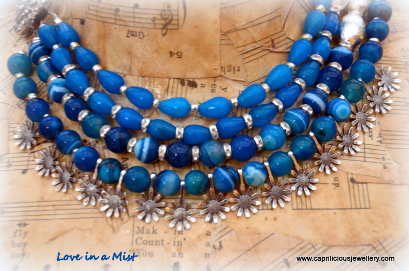 Love in a Mist - four strands of blue agate and jade with a diamanté clasp and little flowers by Caprilicious Jewellery
