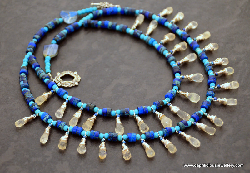 Citrine teardrops, sea sediment jasper and turquoise in an Egyptian style necklace by Caprilicious 