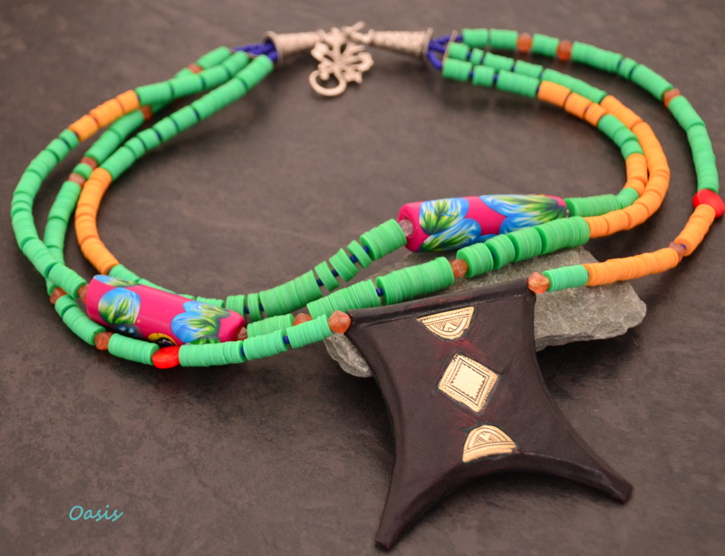 Berber Tcherot Necklace with vinyl trade beads from Africa and polymer clay beads by Caprilicious Jewellery