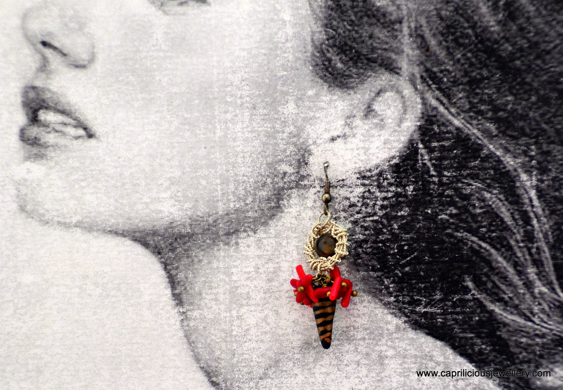 red and gold earrings, coral earrings, day time earrings, fun earrings