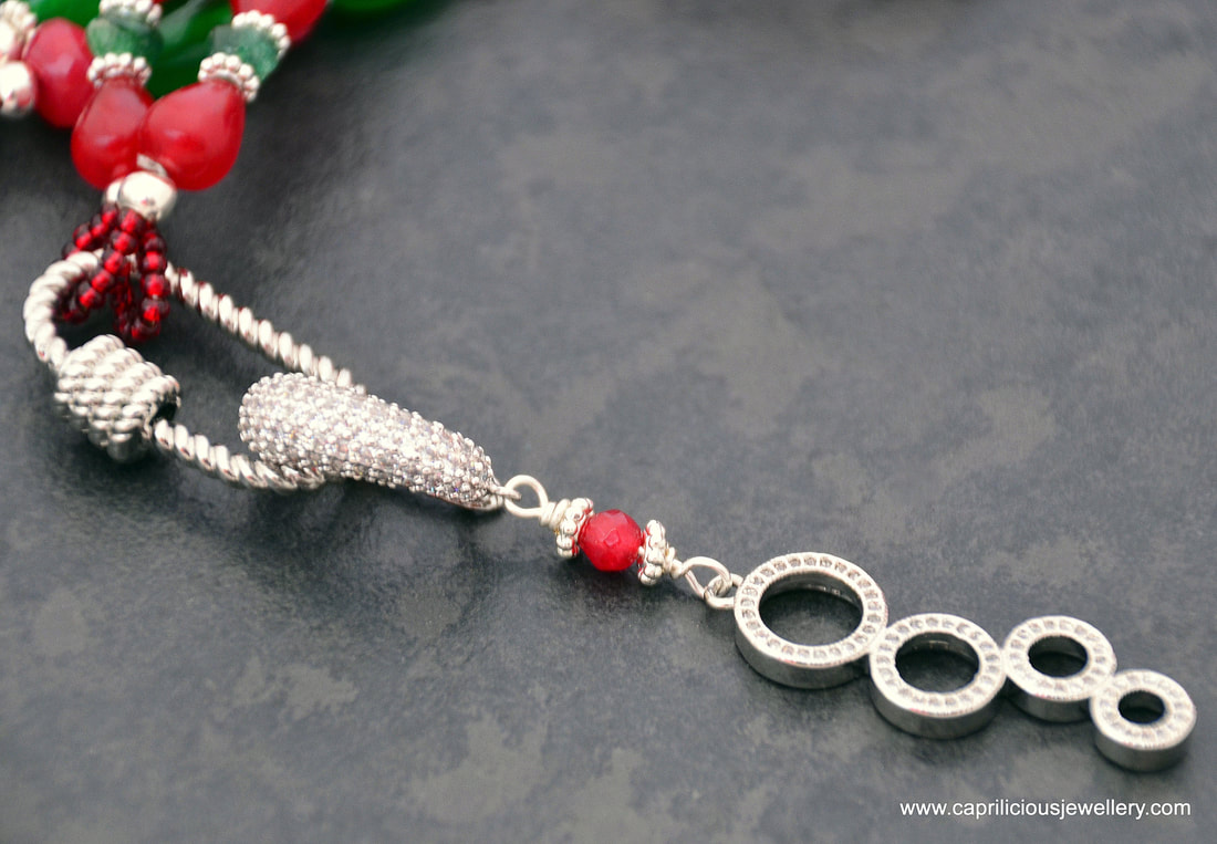 Poinsettia jewellery, Christmas necklace, christmas colours, carabiner clasps, diamante, micro pave pendants, neck mess, neck stack