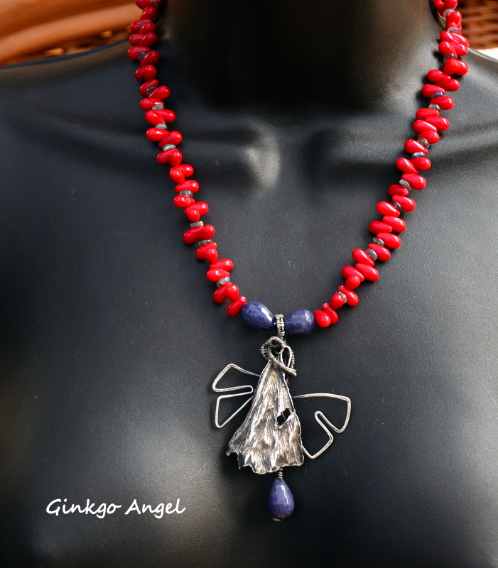 PMC and sterling wire ginkgo leaf angel pendant on a coral teardrop necklace by Caprilicious Jewellery