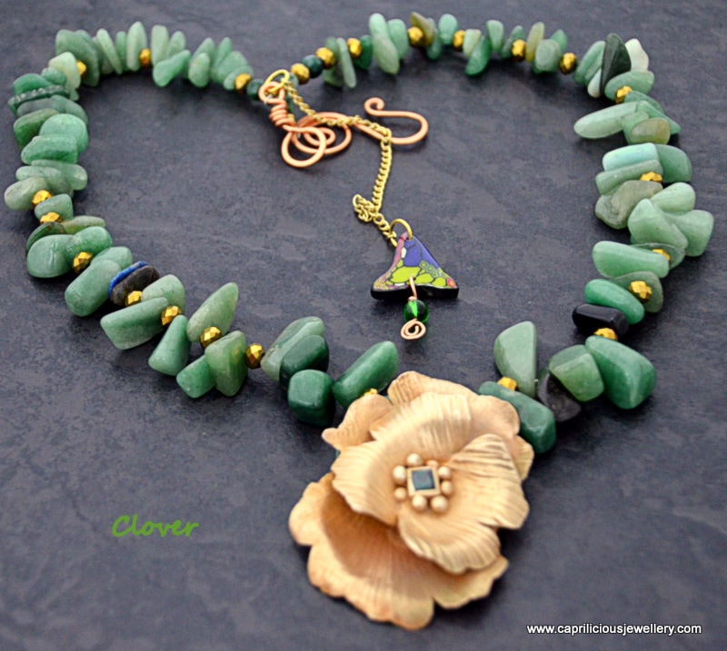 Clover, bronze clay flower, green aventurine necklace by Caprilicious Jewellery