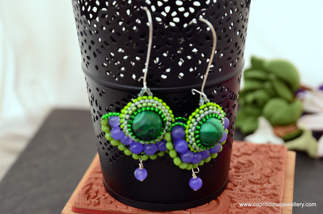 bead woven earrings, malachite, lilac jade