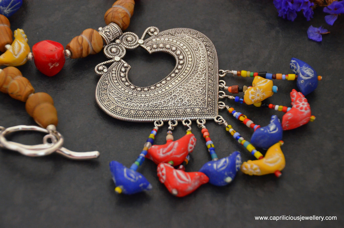 polymer clay birds, polymer clay beads, wood jasper, coral, tassel necklace