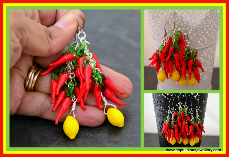 Handmade glass lemon and chilli string earrings, Diwali earrings, Ahalakshmi earrings, evil eye earrings by Caprilicious Jewellery