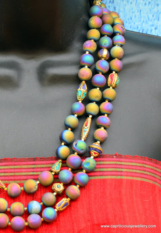 Oil SLick Necklace - golden druzy agate and Nepalese beads with turquoise, lapis and coral