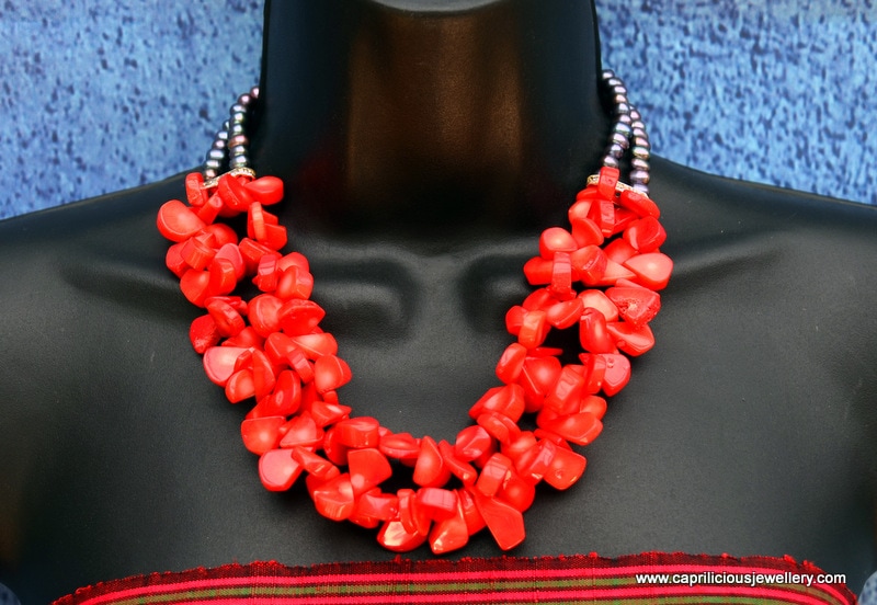 Poppy - petal shaped bamboo coral and rainbow pearls by  Caprilicious Jewellery