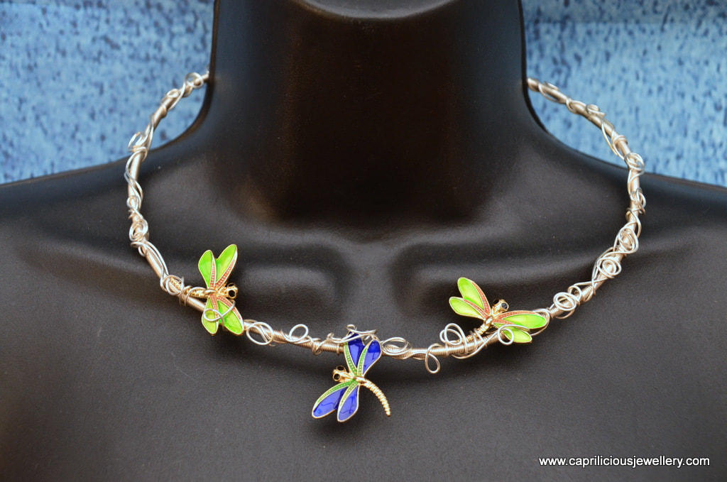 Wire torque necklace with cloisonne enamelled dragonflies by Caprilicious Jewellery