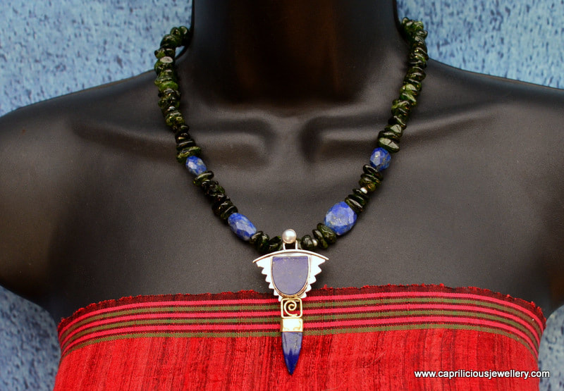 Sterling silver and lapis lazuli pendant on a chromium diopside nugget bead necklace by Caprilicious Jewellery